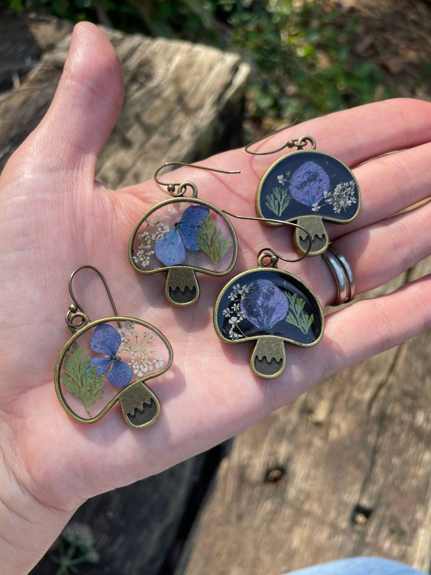 Botanical mushroom earrings with dried flowers