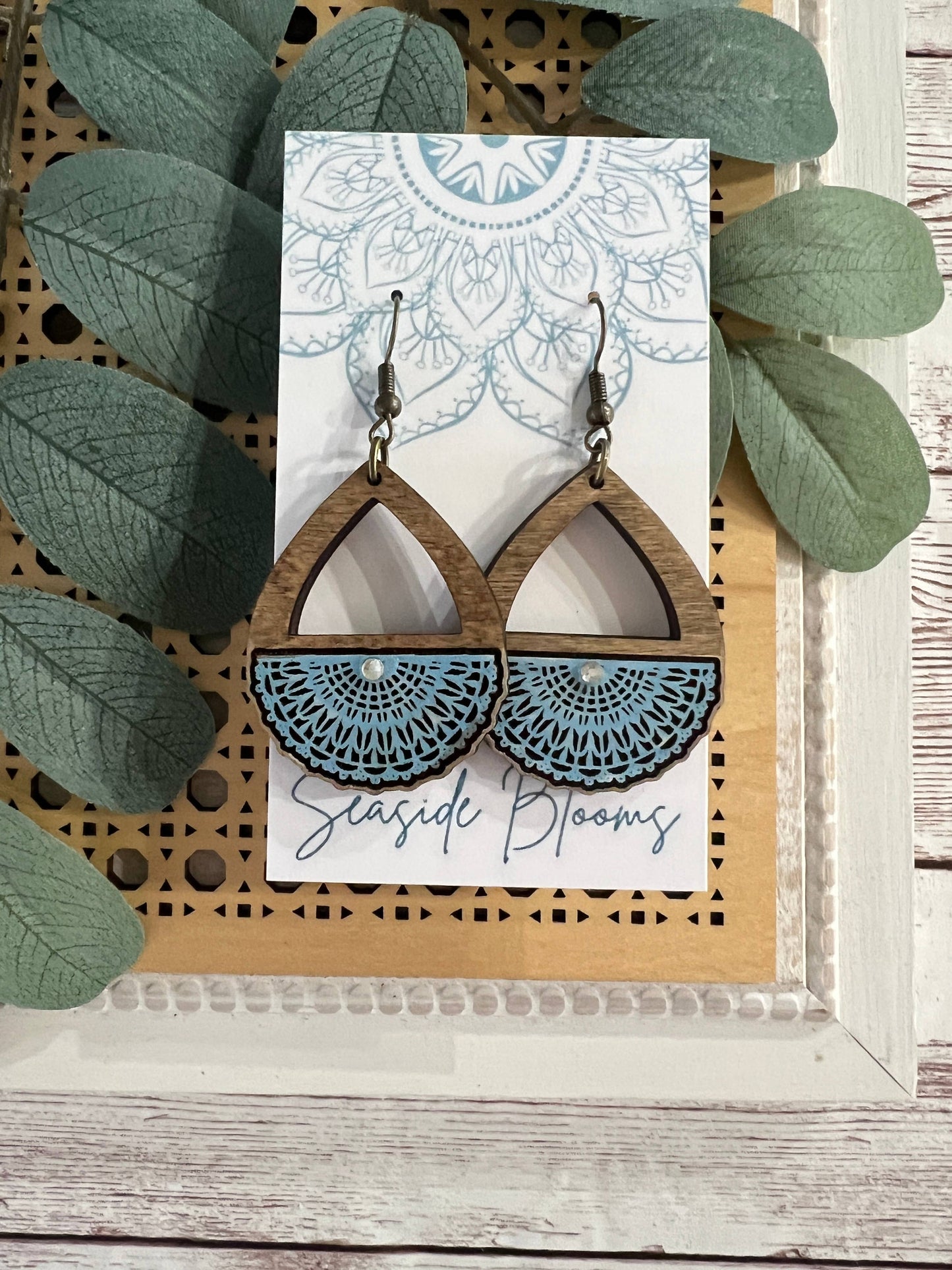 Blue Teardrop Wood Earrings