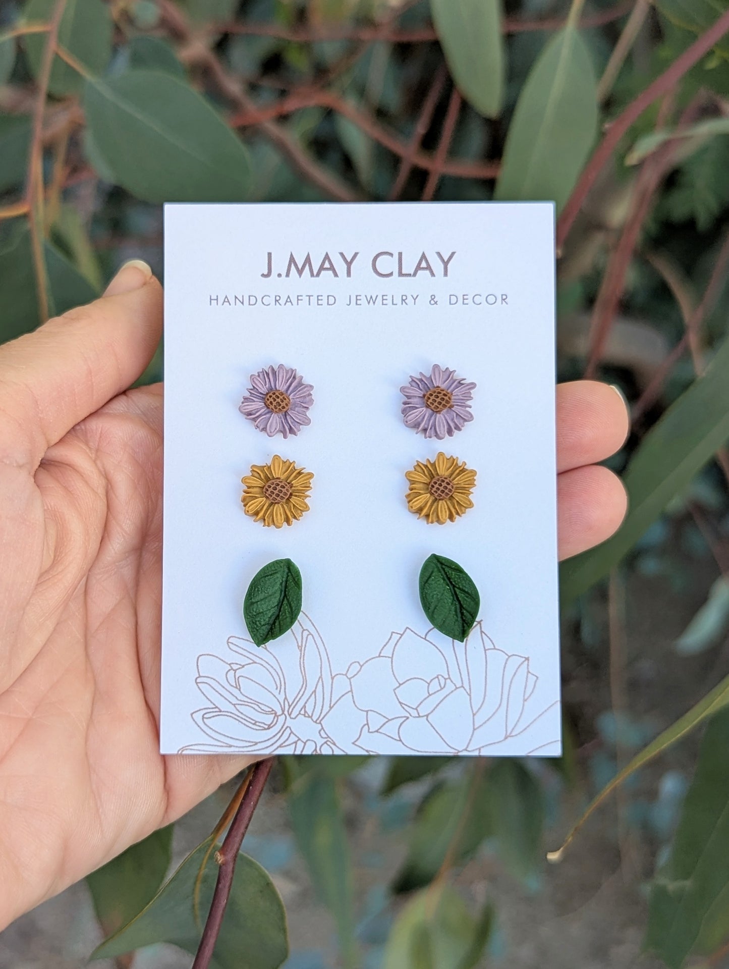 3 Pack Daisy & Leaf Stud Earrings