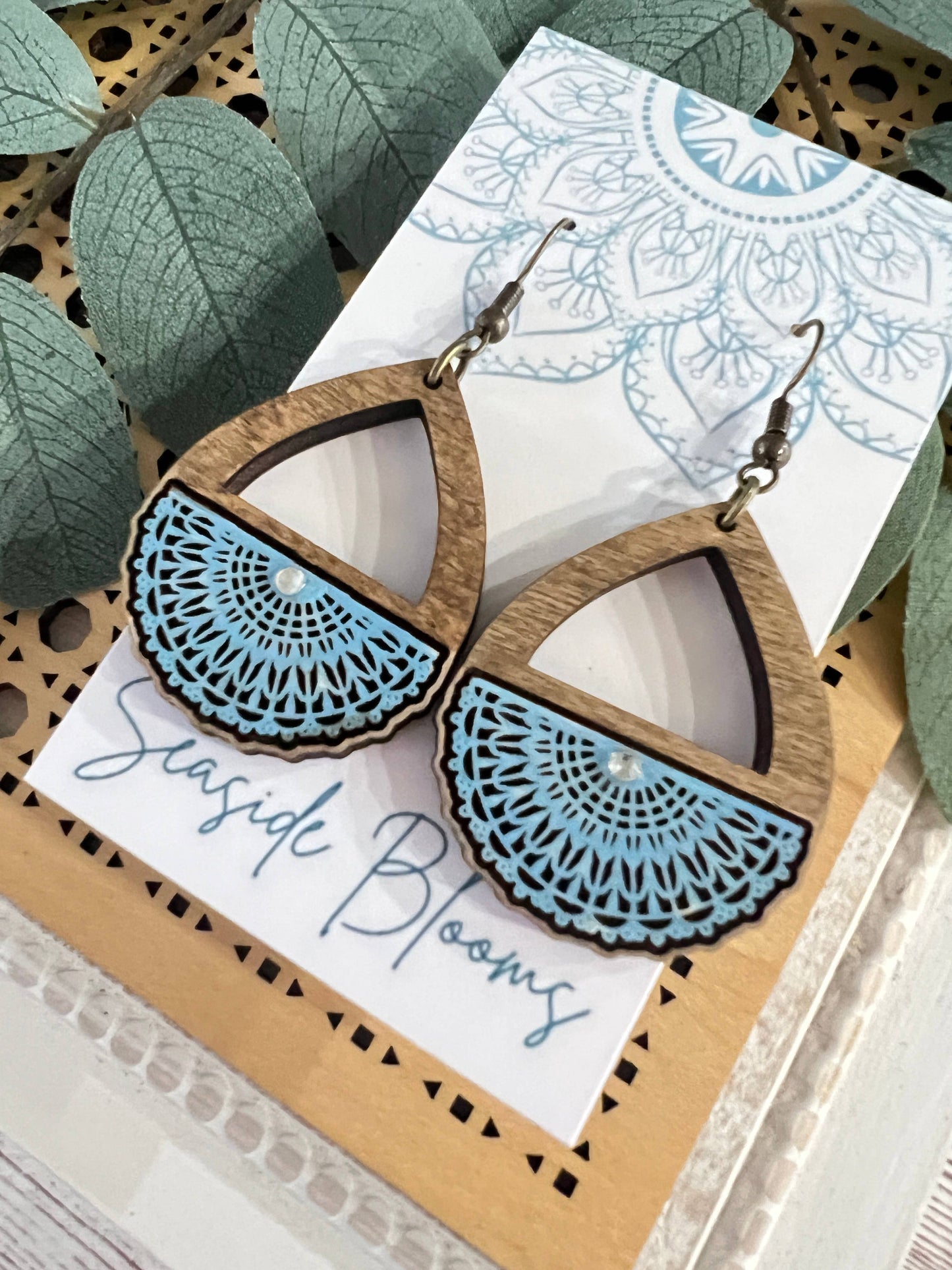 Blue Teardrop Wood Earrings