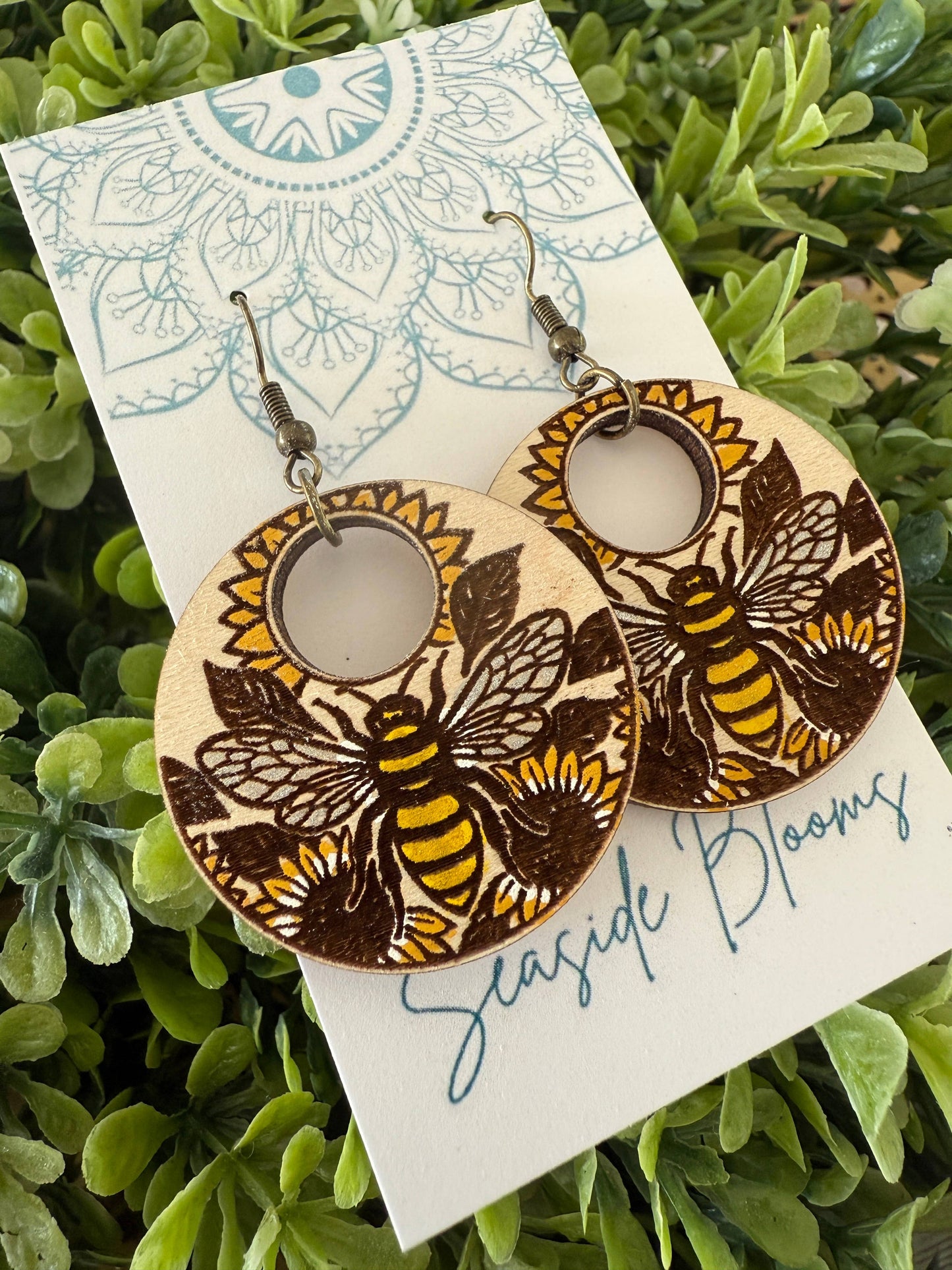Boho Hand painted lightweight maple wood bee earrings