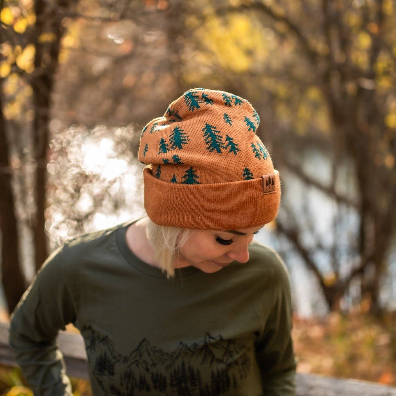 Pine Tree Fold Over Beanie - Teal or Honey Brown