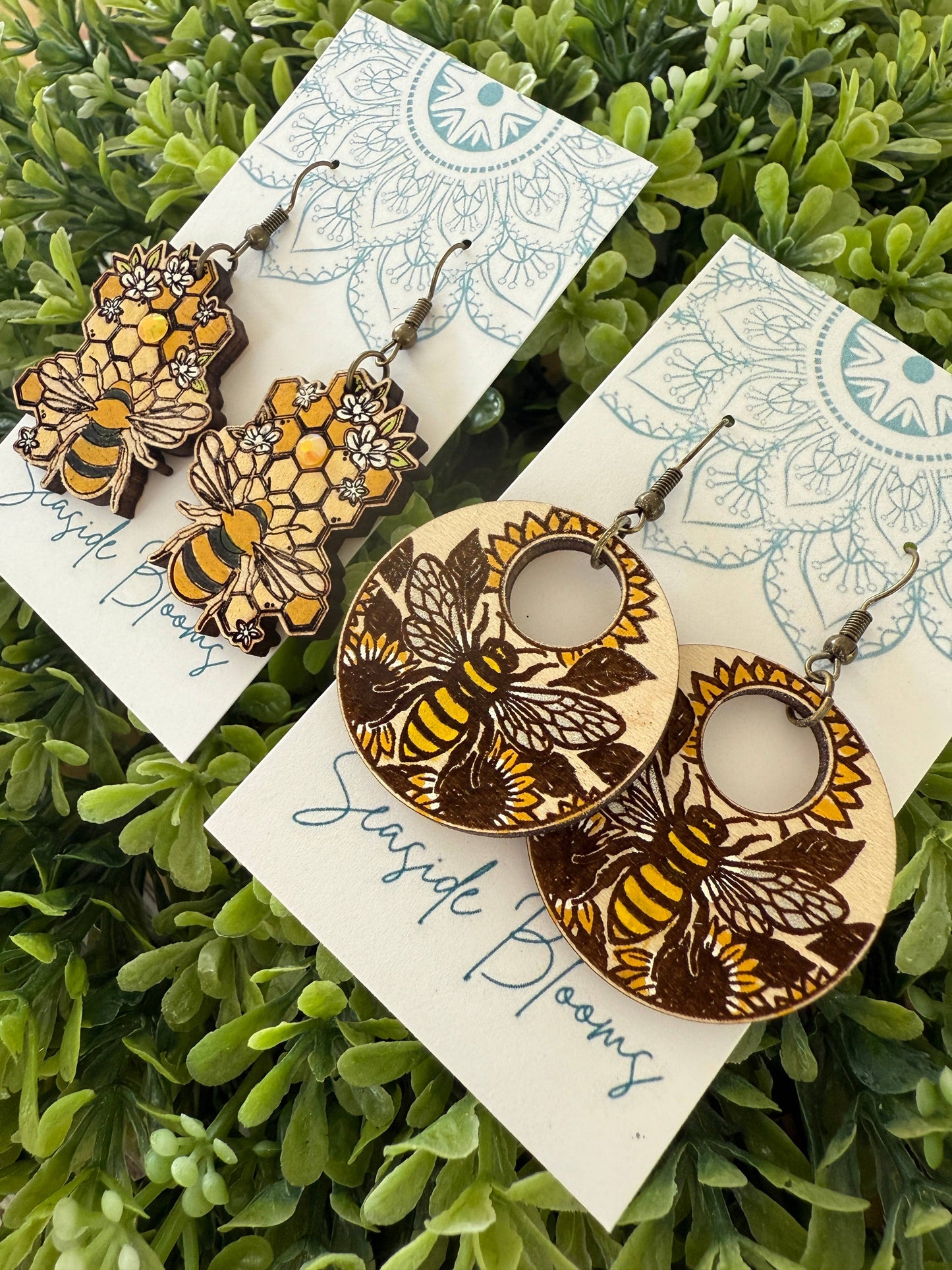 Boho Hand painted lightweight maple wood bee earrings