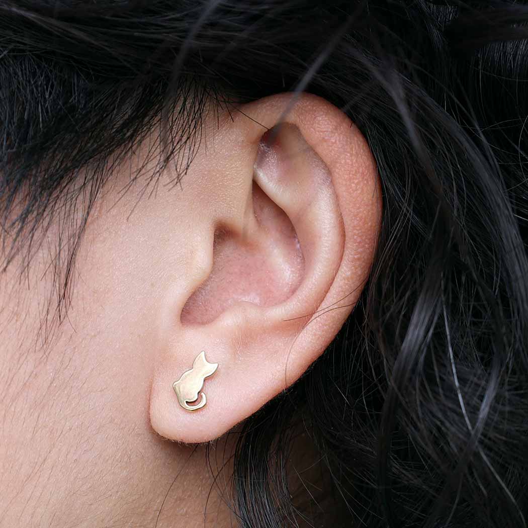 Sterling Silver or Bronze Tiny Cat Stud Earrings 9x6mm