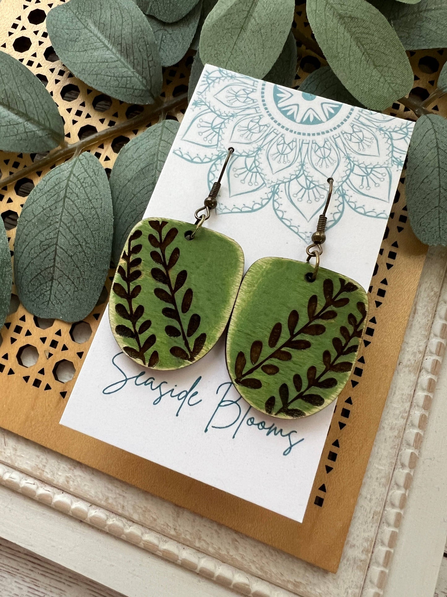 Green Leaf Wood Earrings