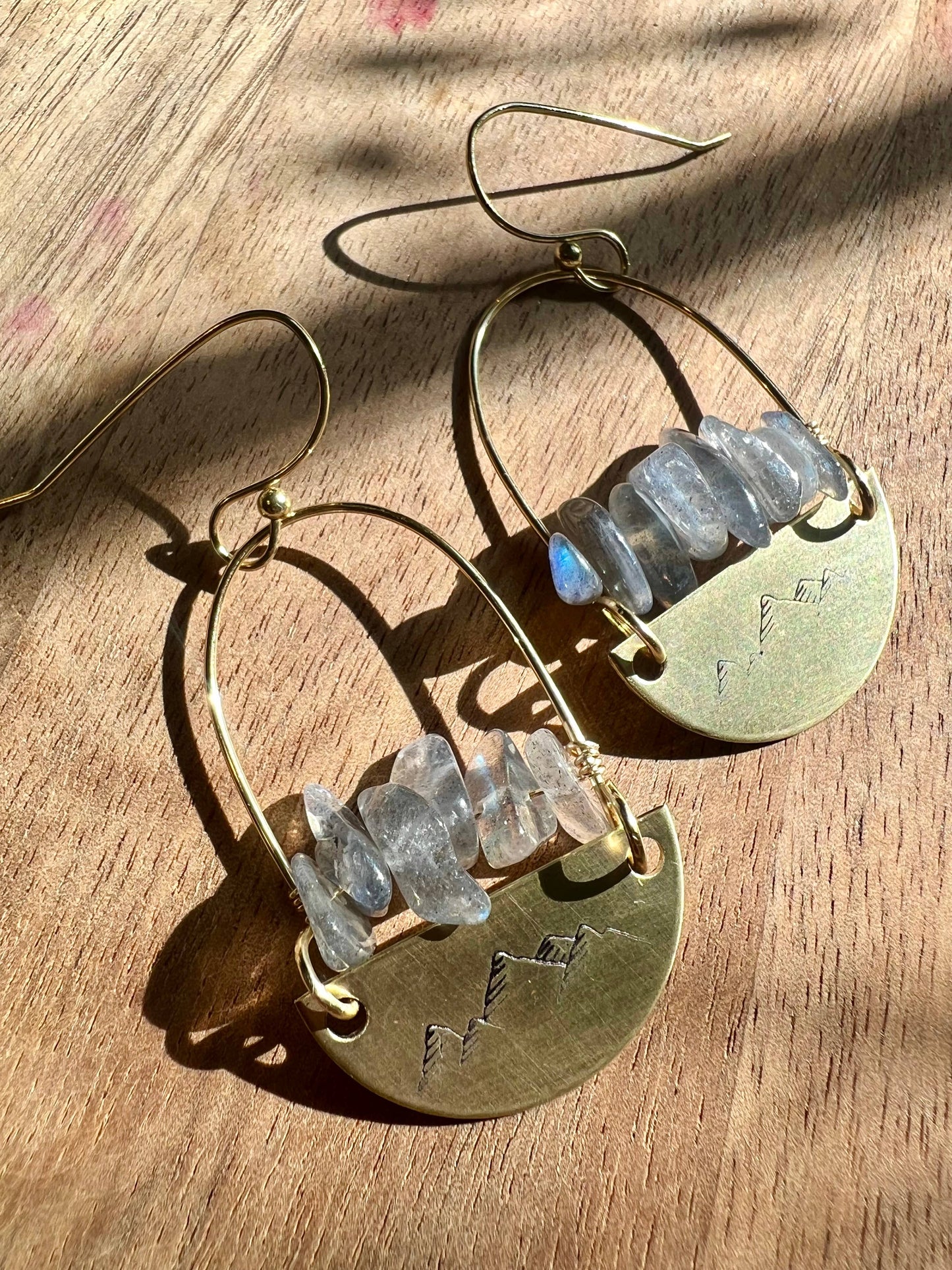 Hand stamped mountain brass and hoop labradorite earrings