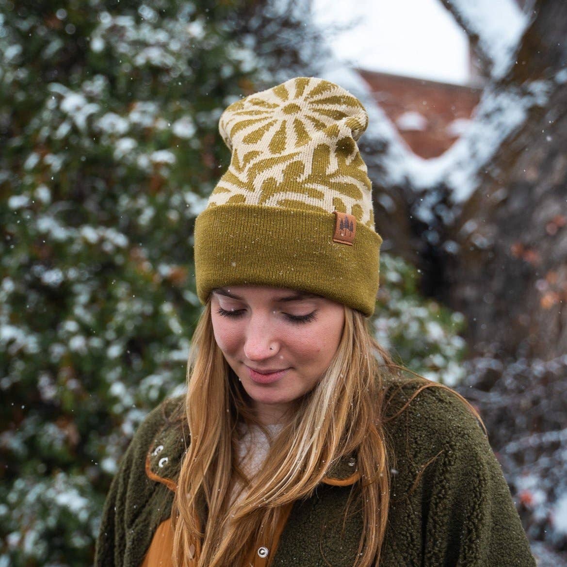Floral Pattern Fold Over Beanie