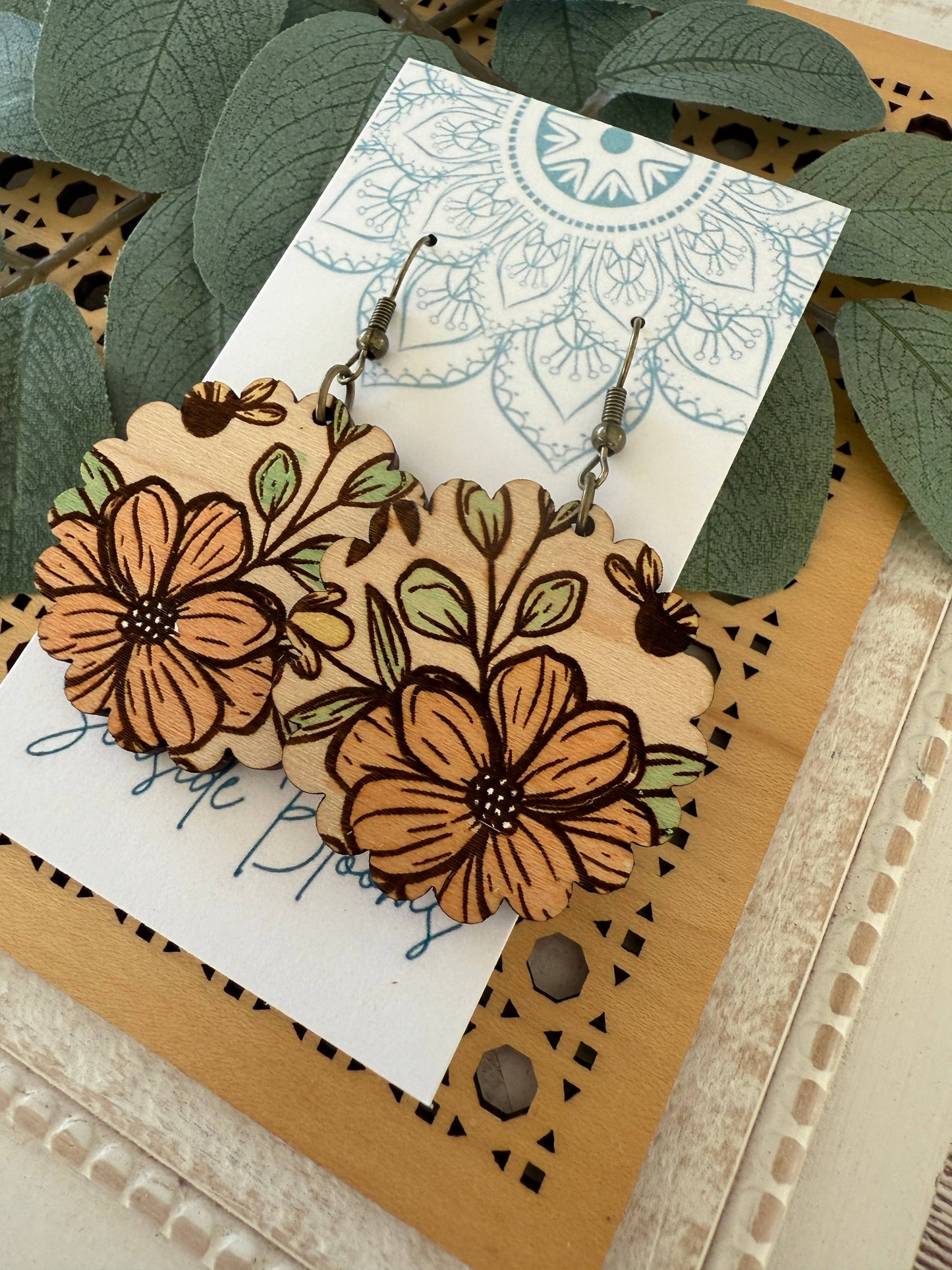 Boho Hand painted lightweight maple wood earrings