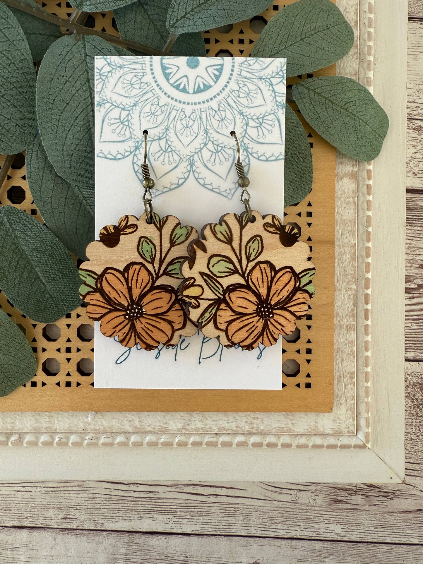 Boho Hand painted lightweight maple wood earrings