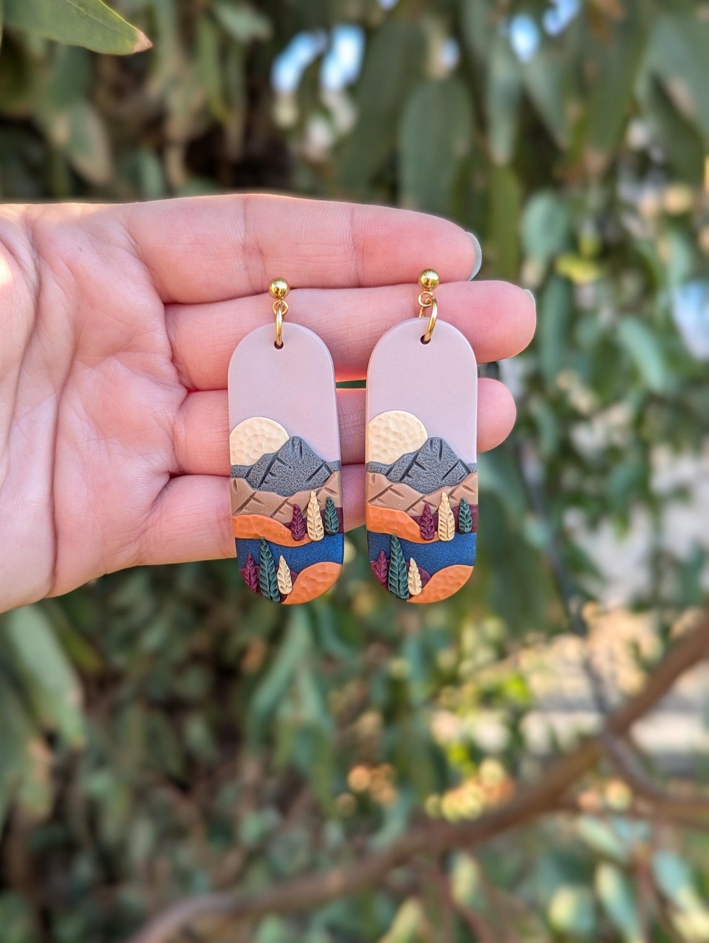 Autumn Mountain Landscape Earrings - Oval