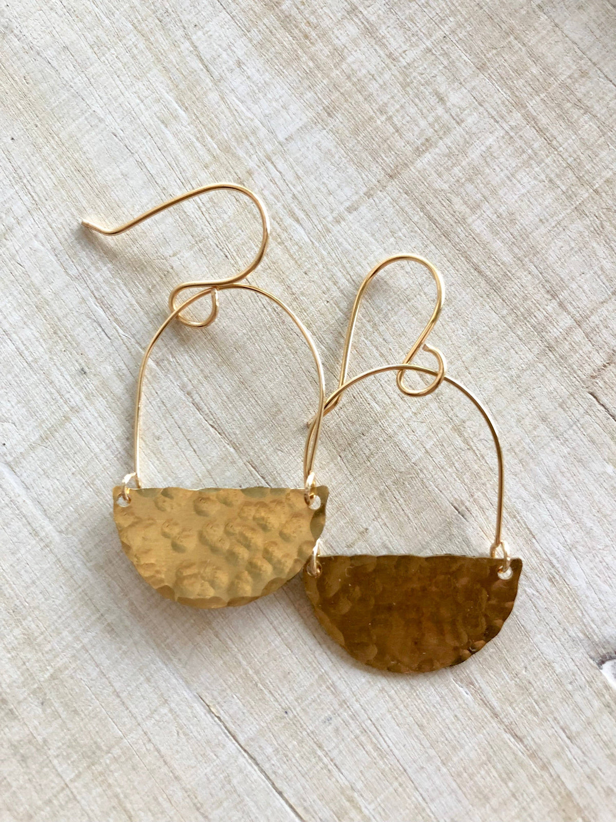 Small hammered brass half circles and hoop earrings