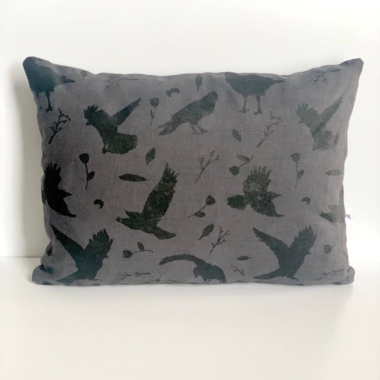 Crows and Flowers Linen Accent Pillow