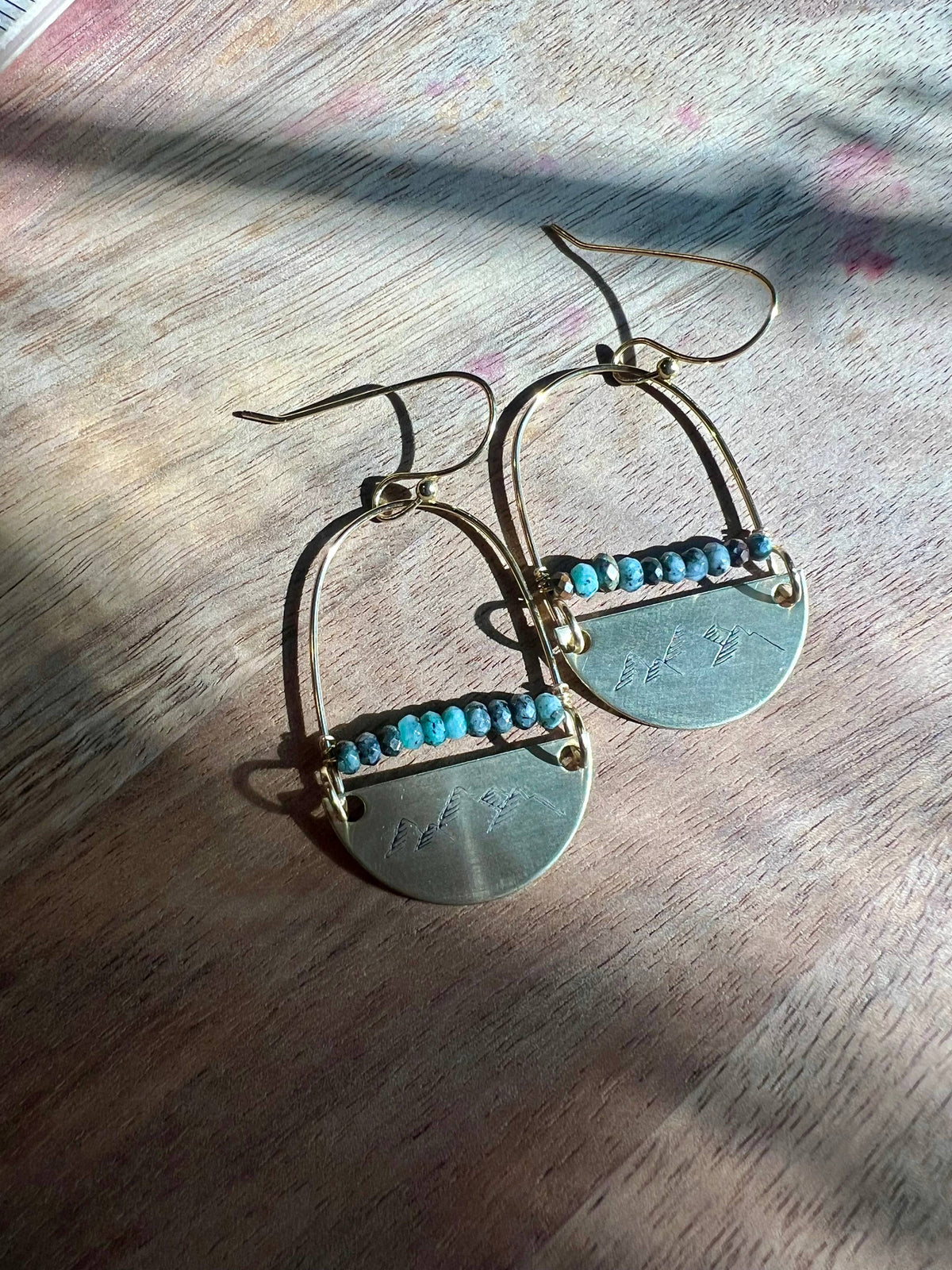 Hand stamped mountains with faceted Jasper beads earrings