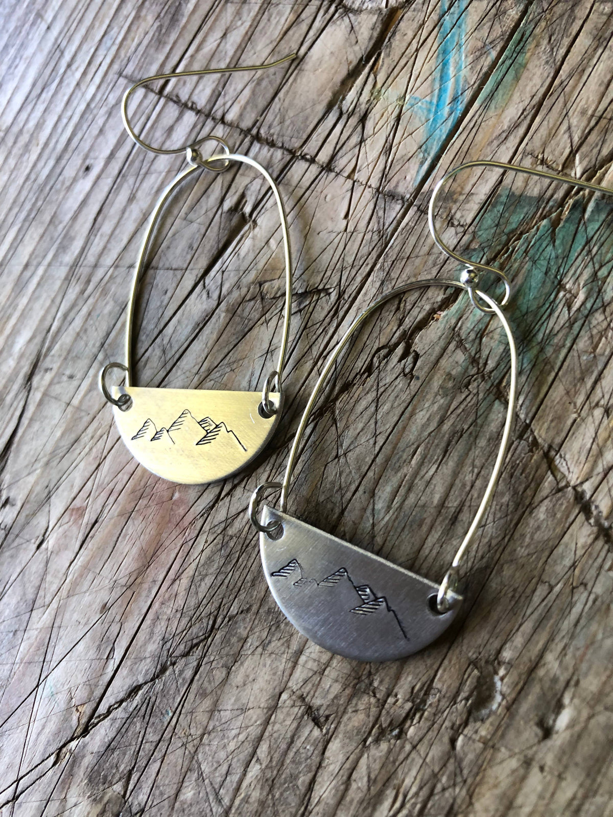 Hand stamped mountain SILVER and hoop earrings