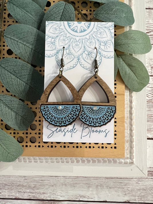 Blue Teardrop Wood Earrings