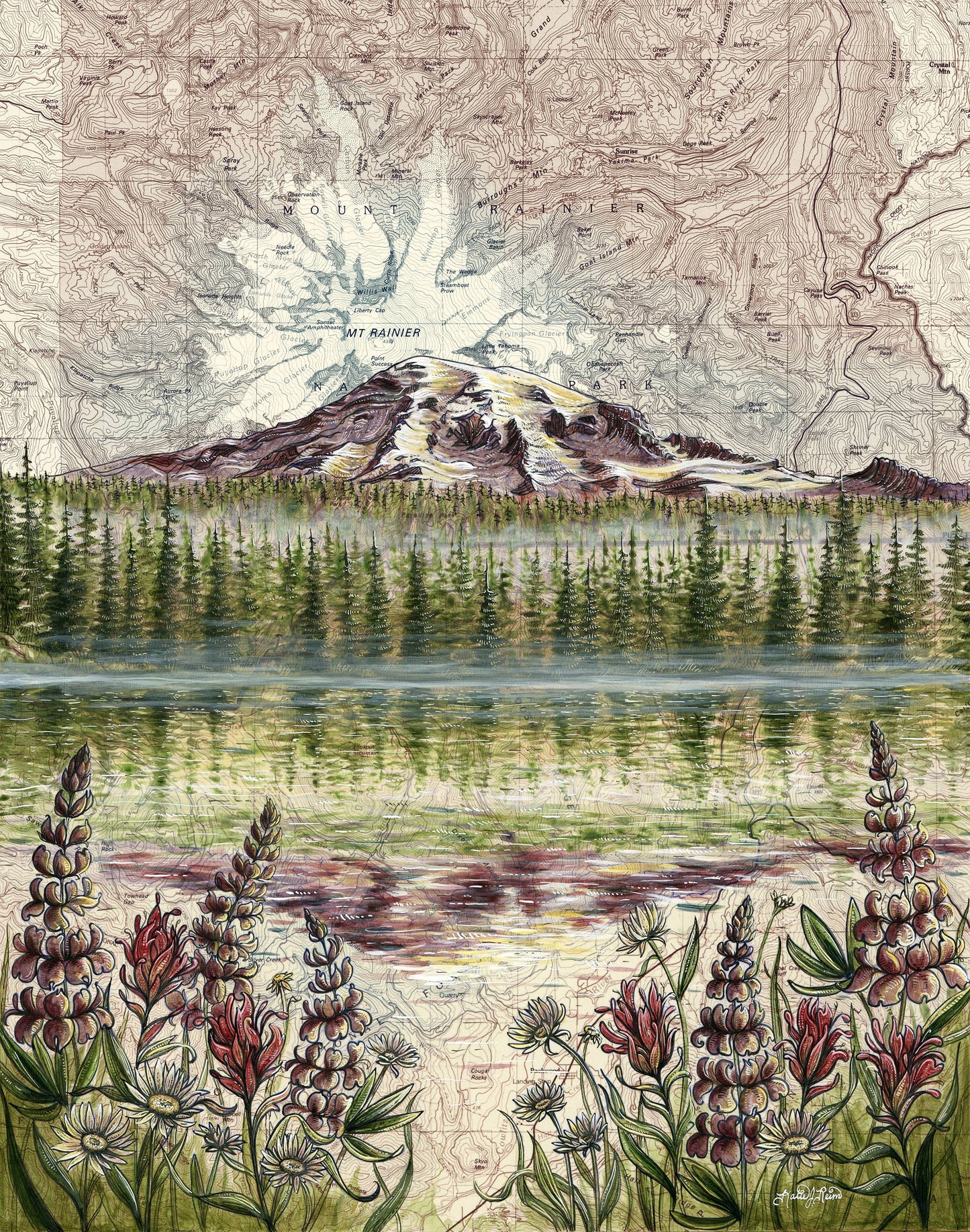 Mt Rainier Reflections, Rainier National Park Matted Print