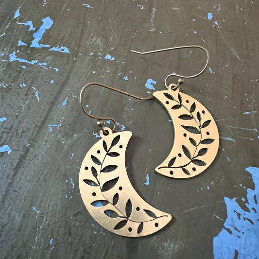 Gold Vine Crescent Moon Earrings