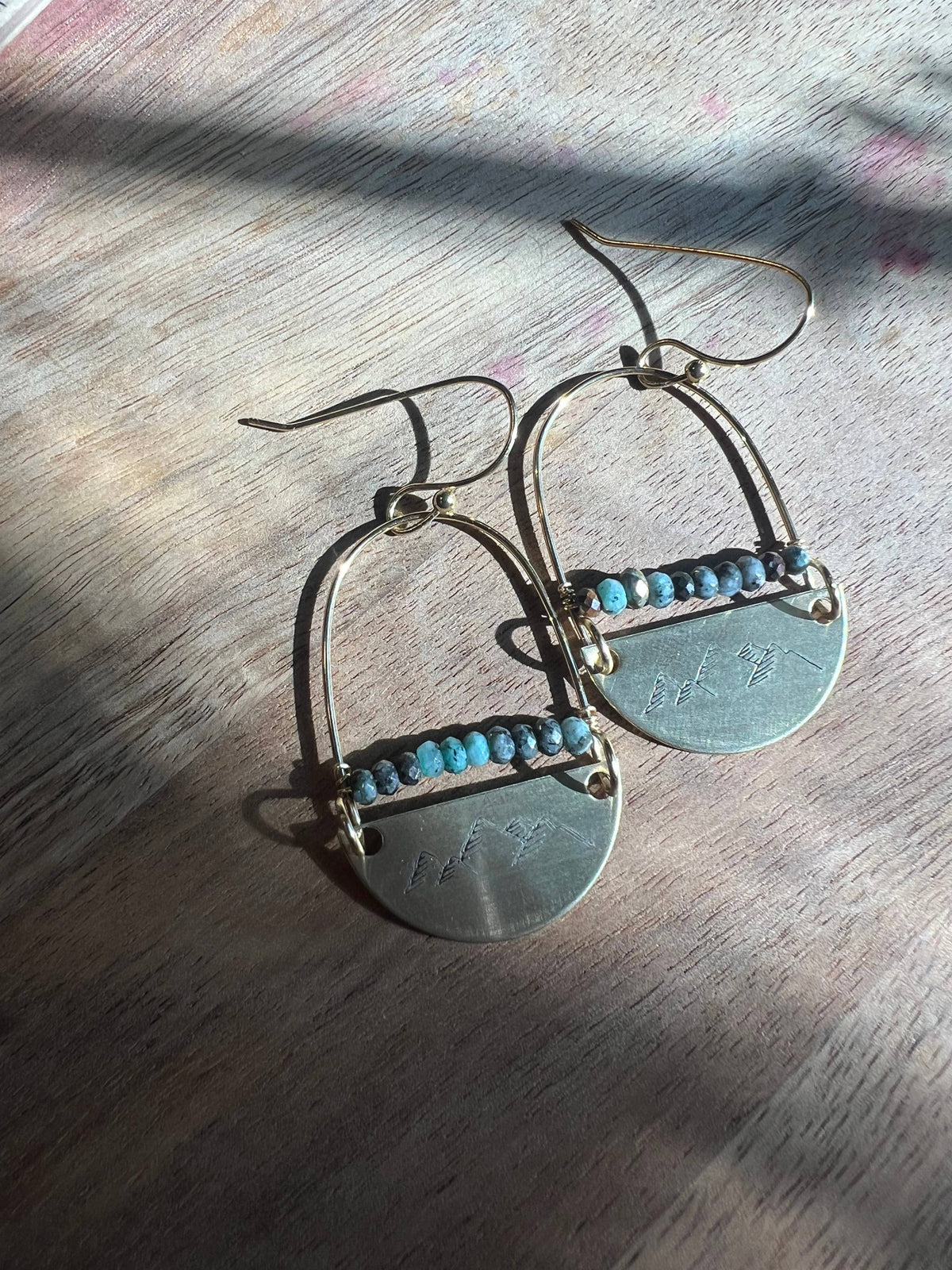 Hand stamped mountains with faceted Jasper beads earrings