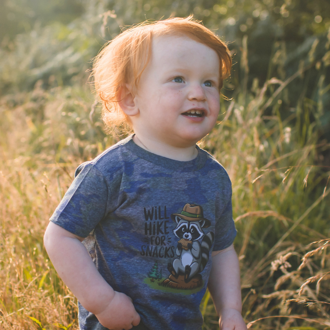 Will Hike for Snacks Camo Toddler Tshirt