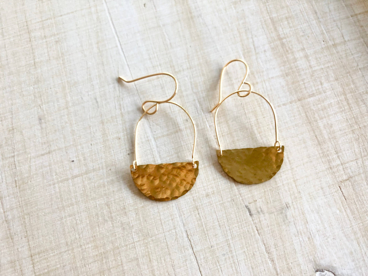 Small hammered brass half circles and hoop earrings
