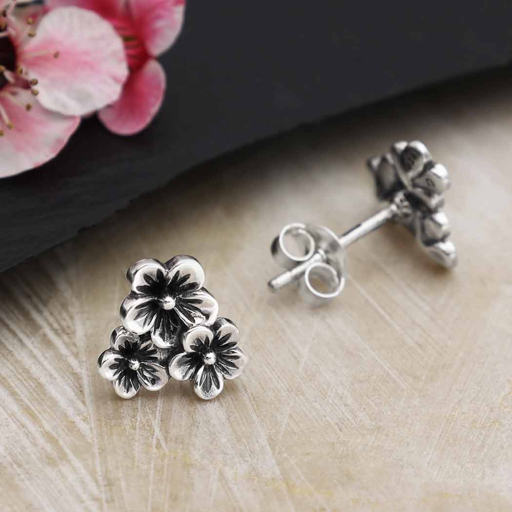 Sterling Silver Triple Cherry Blossom Post Earrings