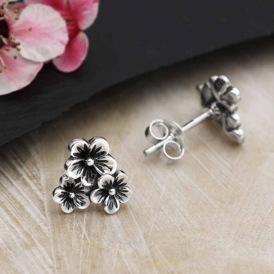Sterling Silver Triple Cherry Blossom Post Earrings