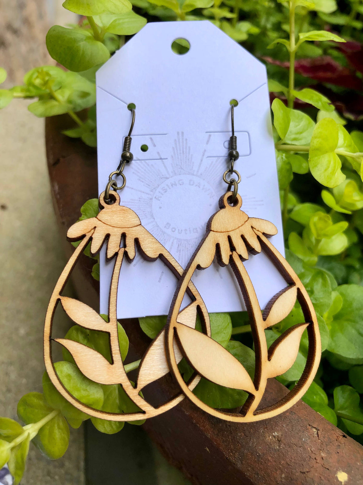 Wood burned coneflower earrings