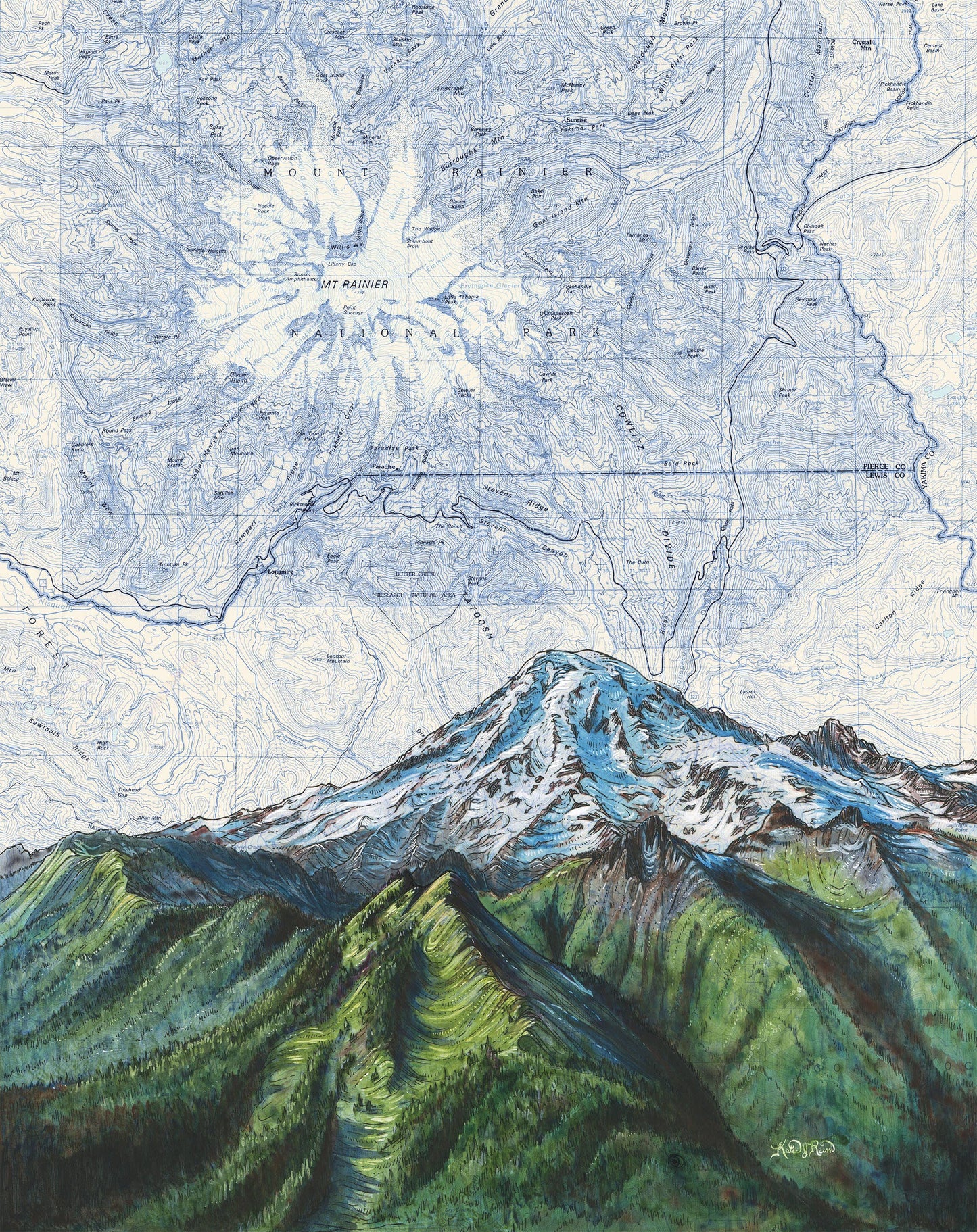 Mt Rainier above the Tatoosh Range Matted Print