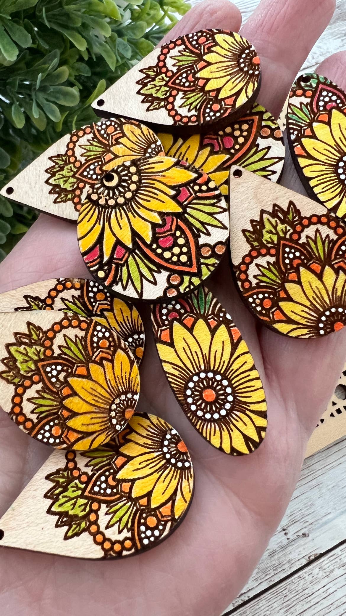Boho hand painted lightweight flower maple wood earrings 