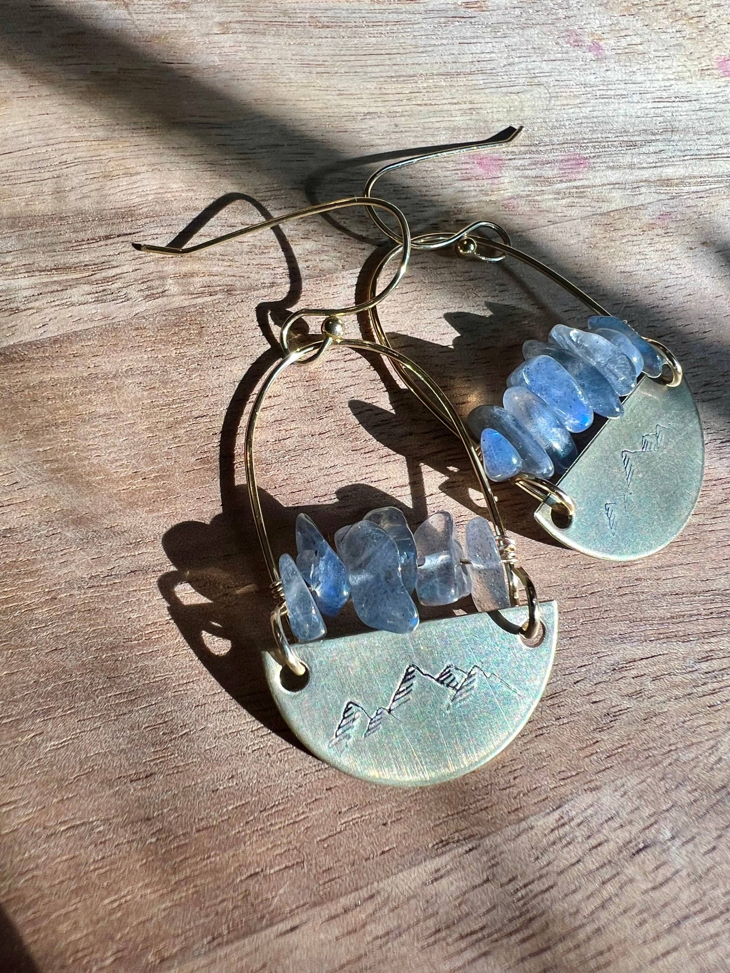 Hand stamped mountain brass and hoop labradorite earrings