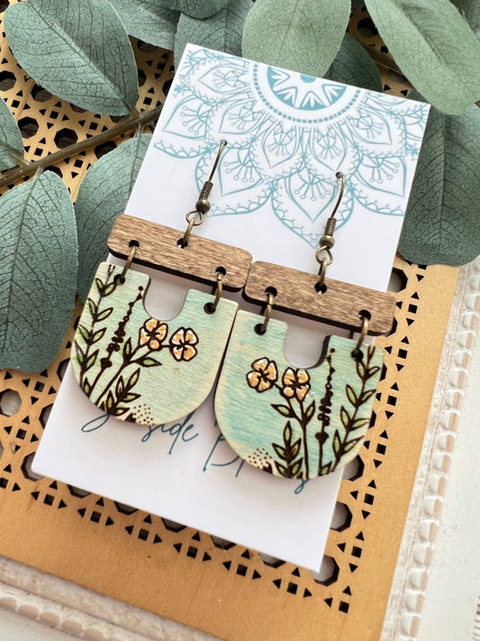 Blue Floral Wood Earrings