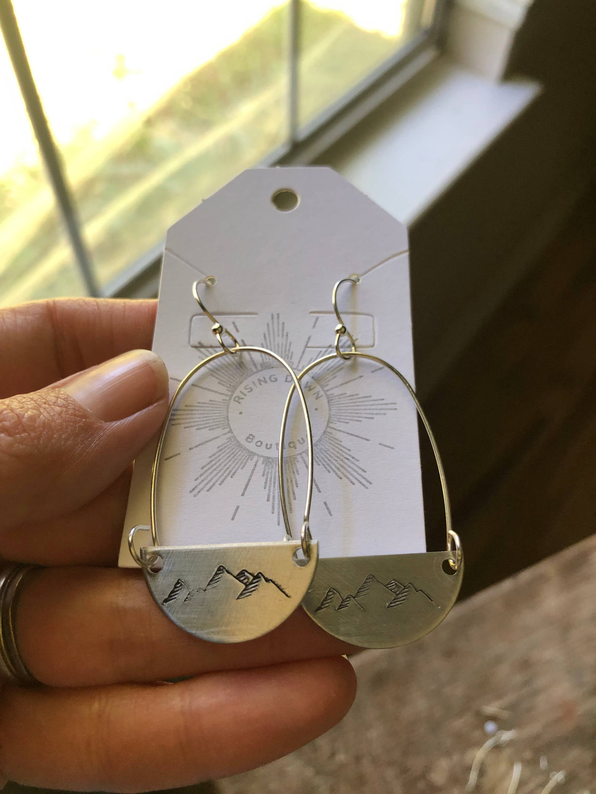 Hand stamped mountain SILVER and hoop earrings