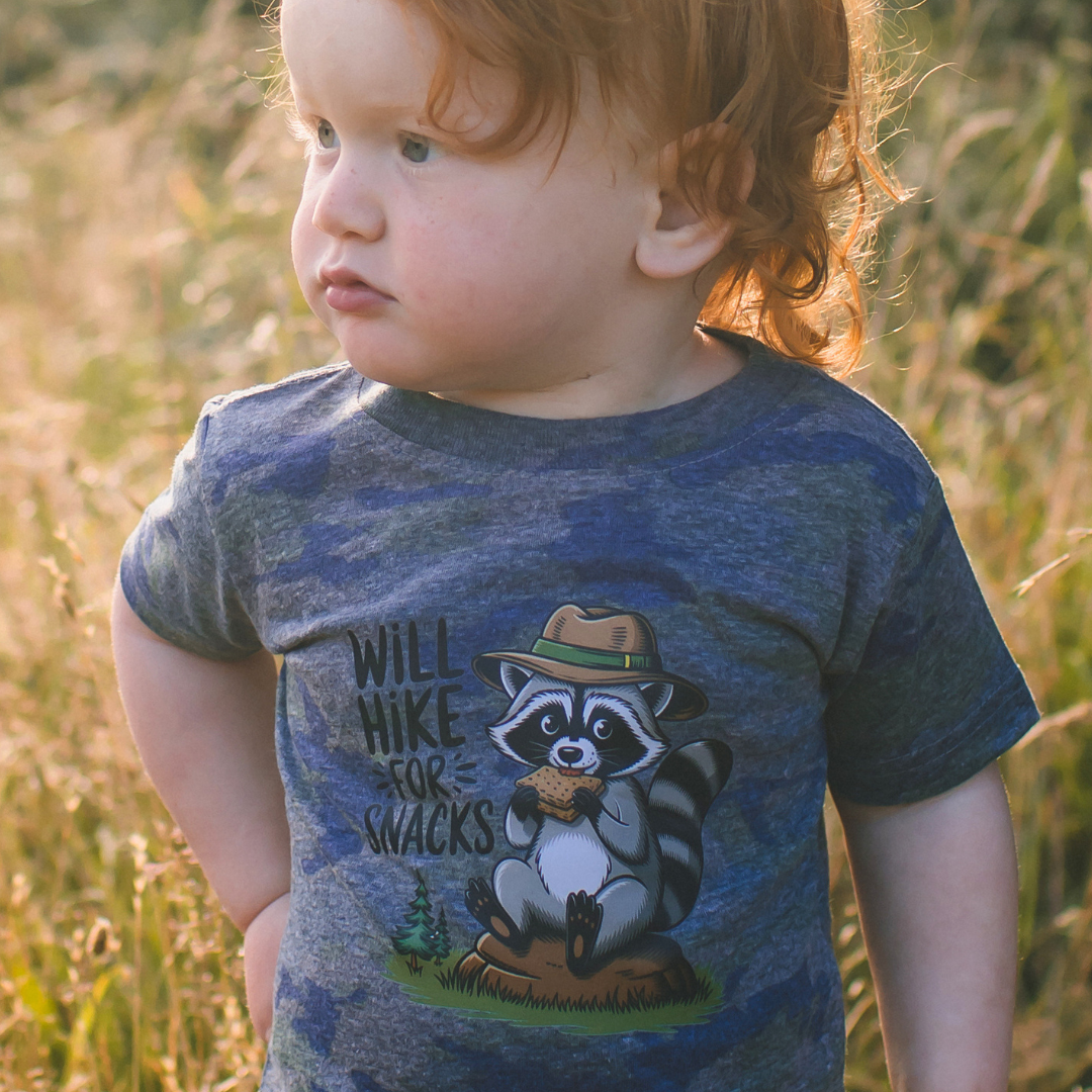 Will Hike for Snacks Camo Toddler Tshirt