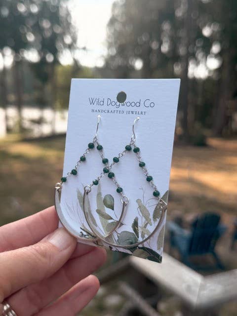 Silver U shape earrings with dark green beaded chain