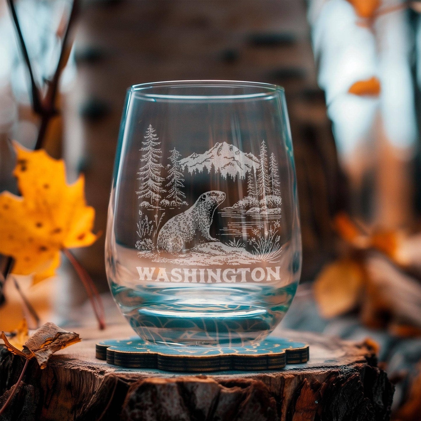 Washington State Olympic Marmot Engraved Glass