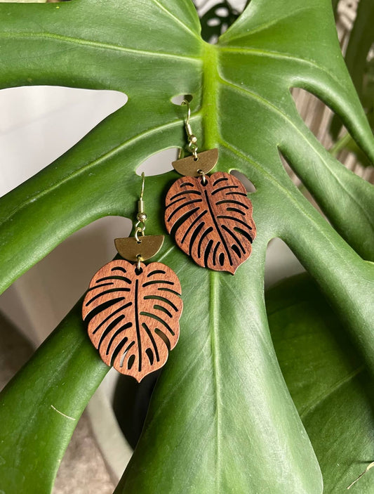 Wooden Monstera Earrings