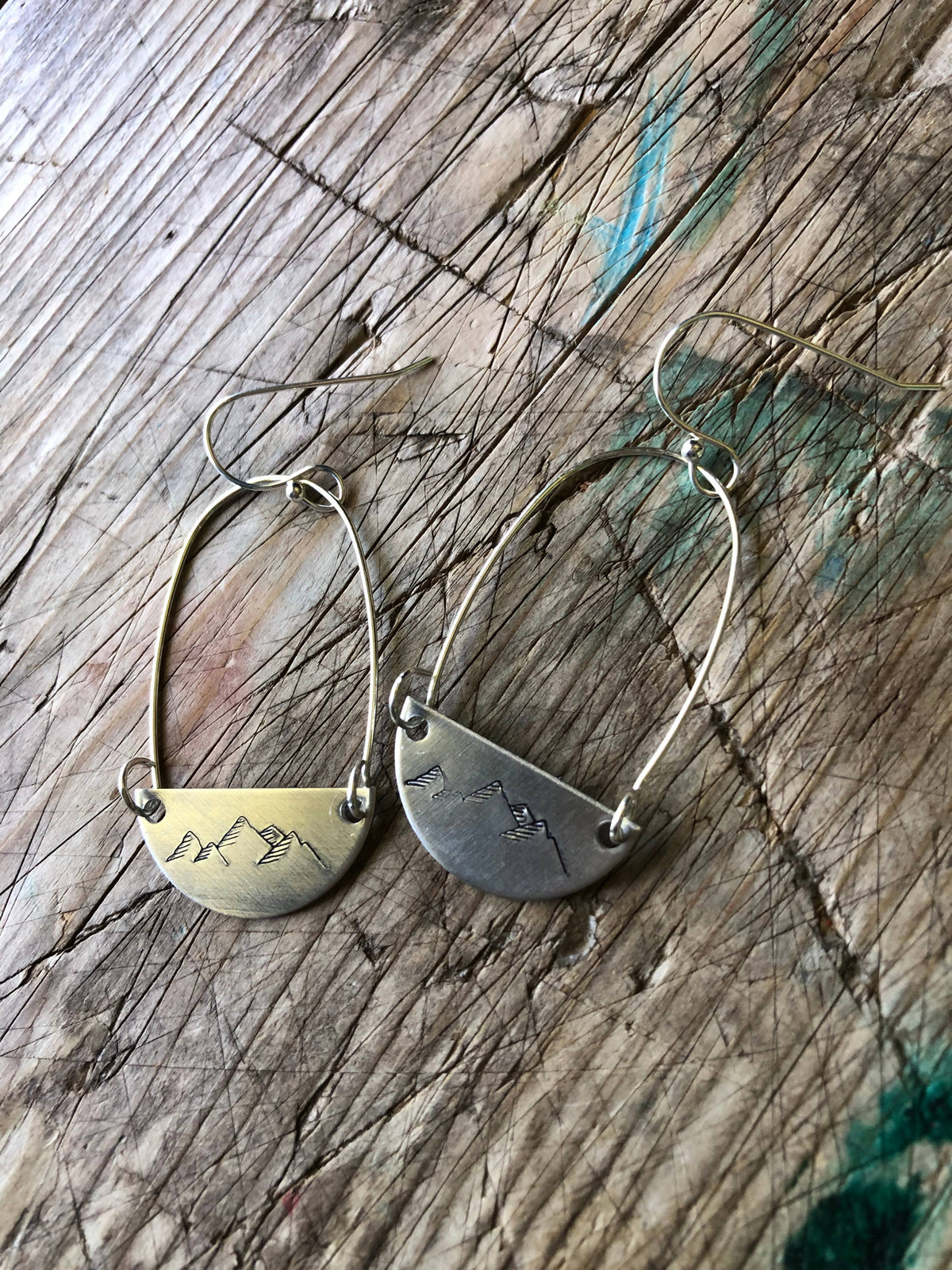 Hand stamped mountain SILVER and hoop earrings