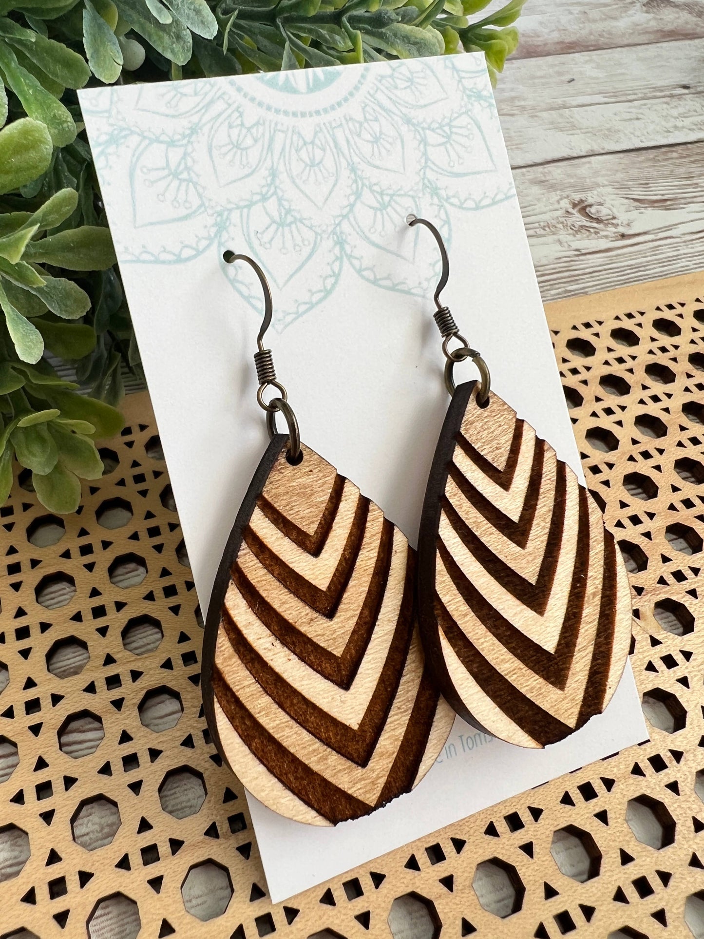 Boho hand painted lightweight flower maple wood earrings 