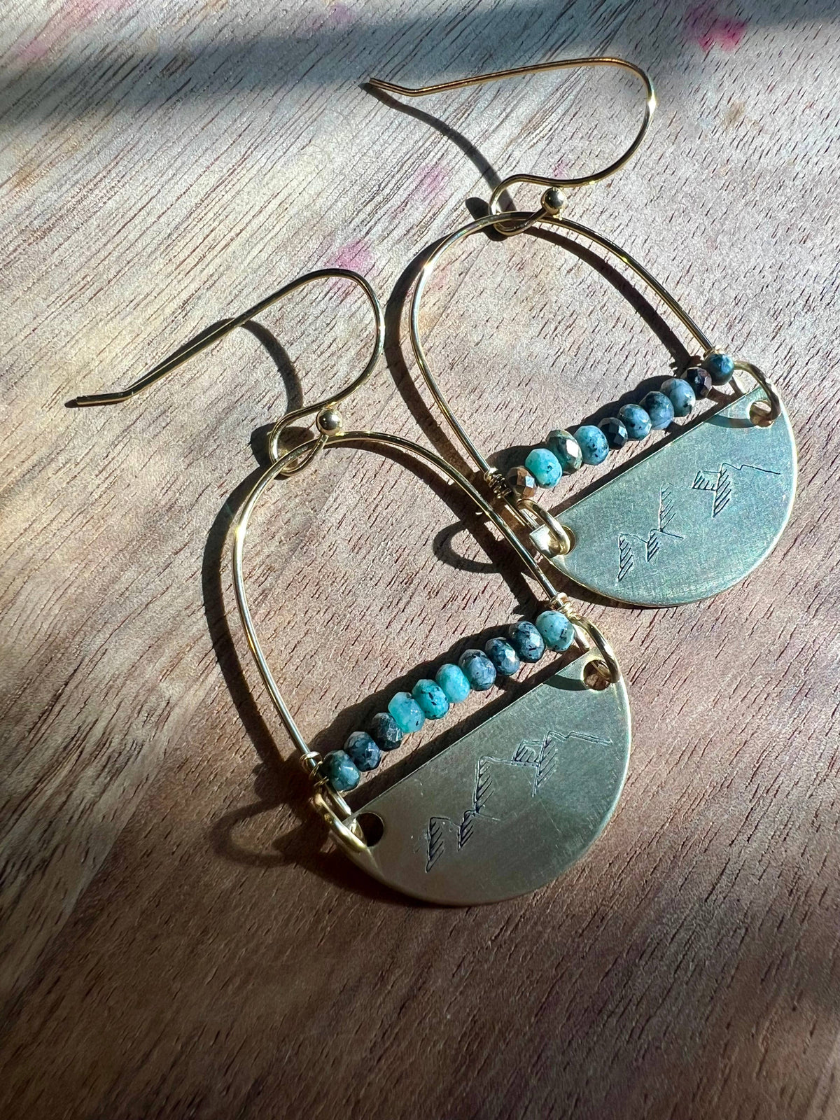 Hand stamped mountains with faceted Jasper beads earrings
