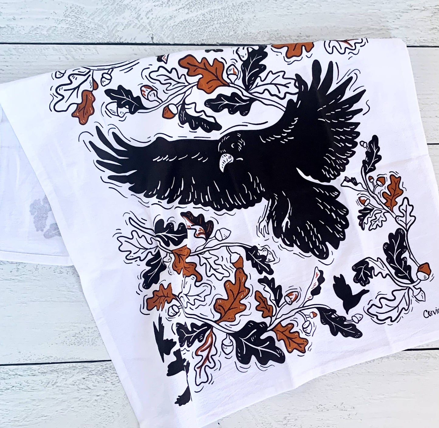 Crow + Oak Leaves Kitchen Tea Towel