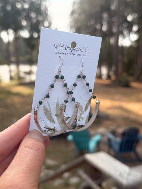 Silver U shape earrings with dark green beaded chain