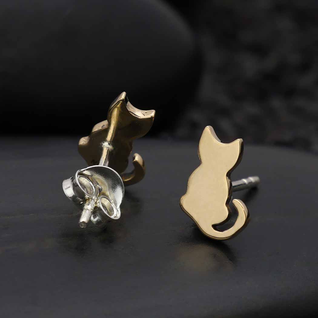 Sterling Silver or Bronze Tiny Cat Stud Earrings 9x6mm