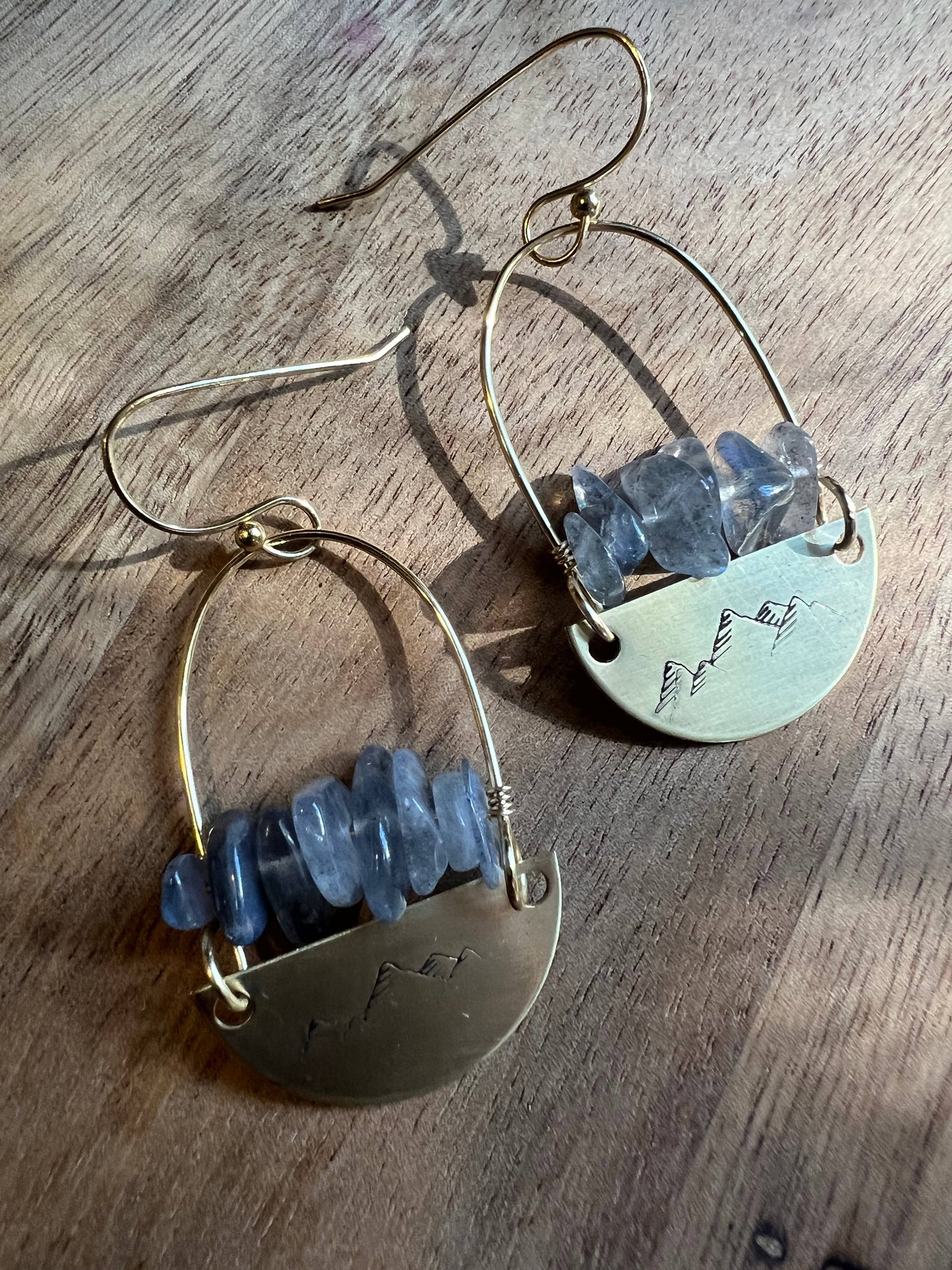 Hand stamped mountain brass and hoop labradorite earrings