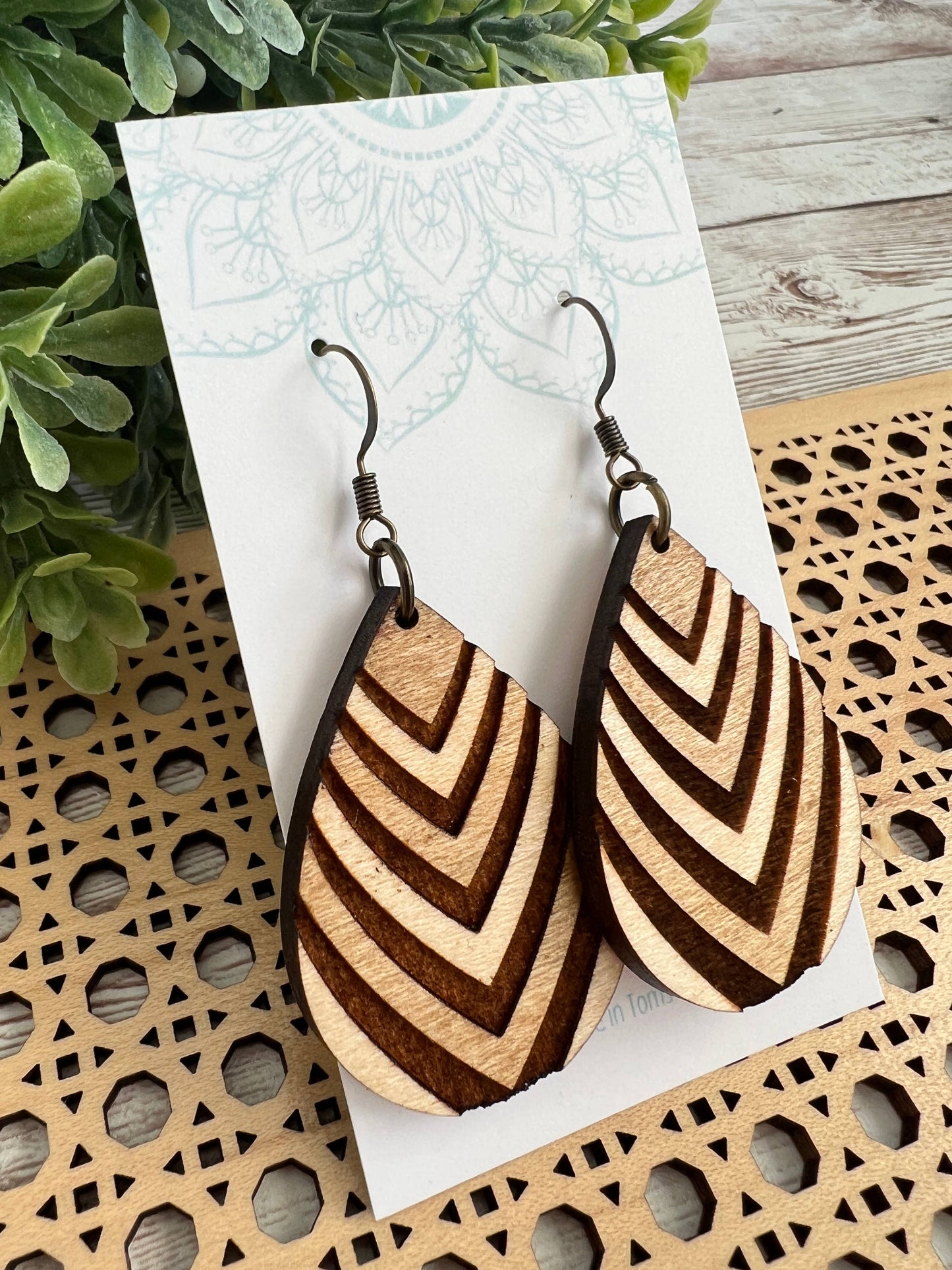 Boho hand painted lightweight flower maple wood earrings 