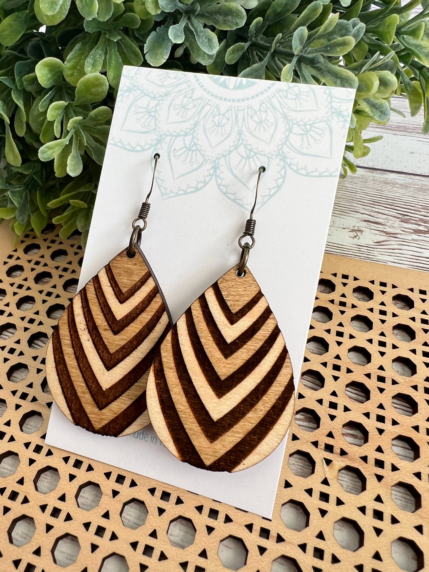 Boho hand painted lightweight flower maple wood earrings 