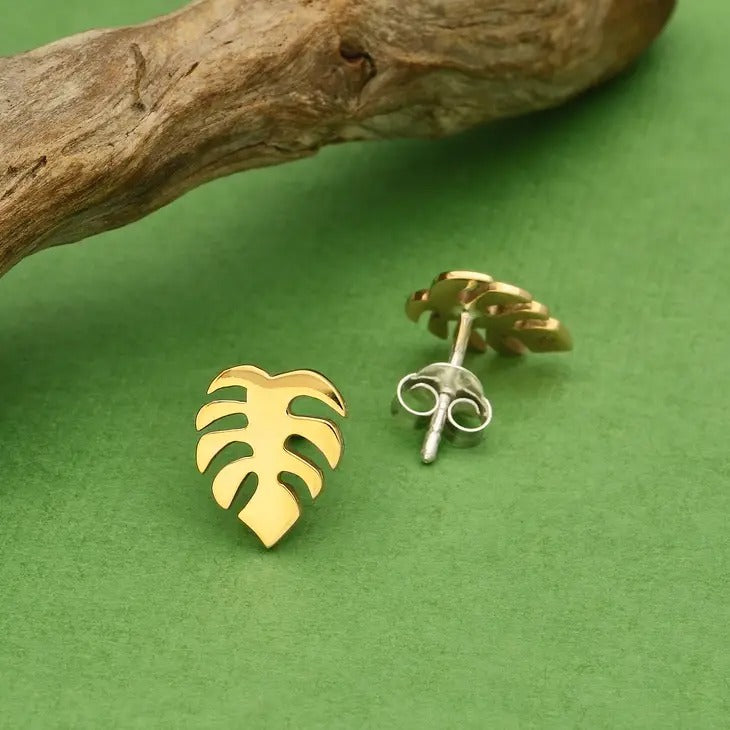 Monstera Stud Earrings - Silver or Bronze