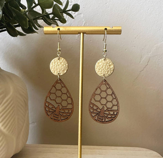 Wooden Honeybee Earrings