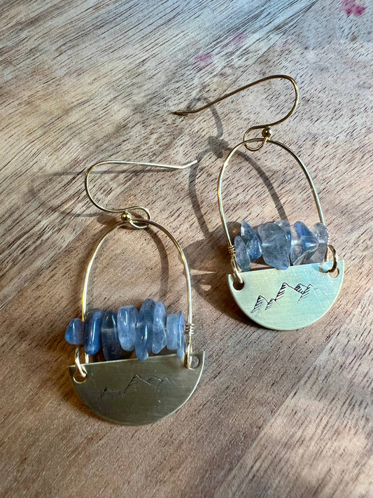 Hand stamped mountain brass and hoop labradorite earrings