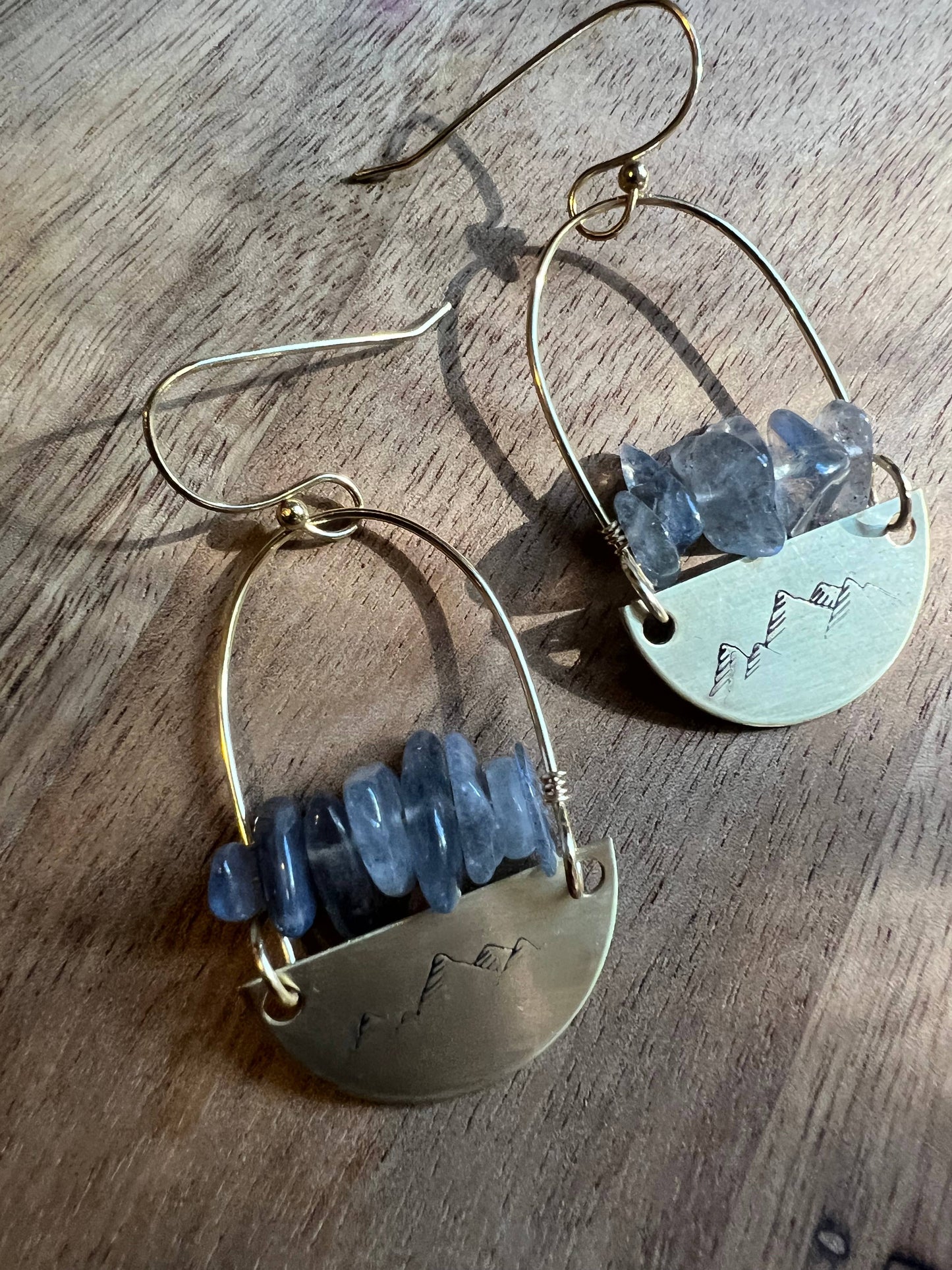 Hand stamped mountain brass and hoop labradorite earrings