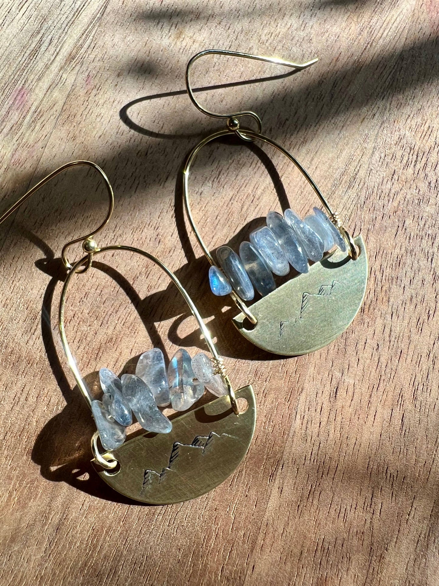 Hand stamped mountain brass and hoop labradorite earrings